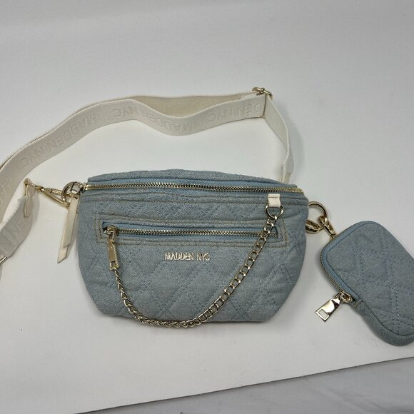 NEW***Madden NYC Women's Silver Chain Pocket Fanny Pack Crossbody w/ Pouch Denim - Picture 1 of 4
